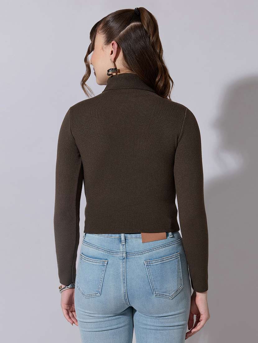 women solid high neck long sleeve crop top - 22321896 -  Standard Image - 3