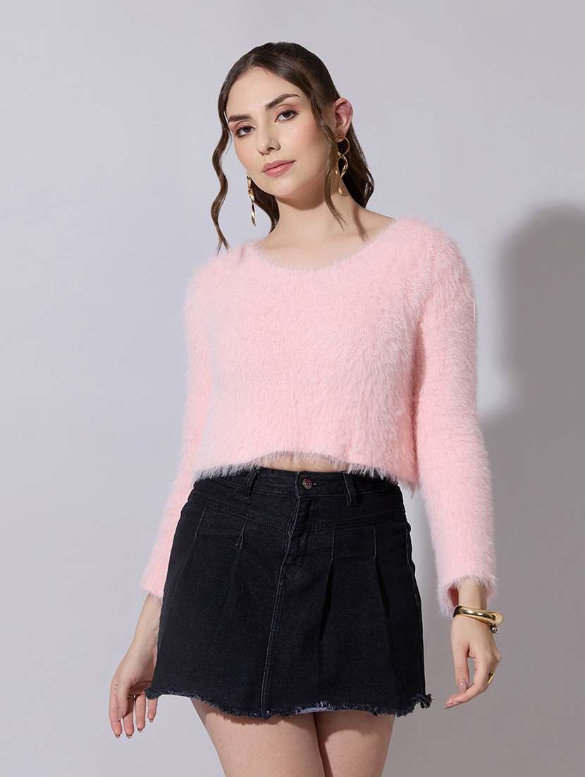 women solid bell sleeve crop top