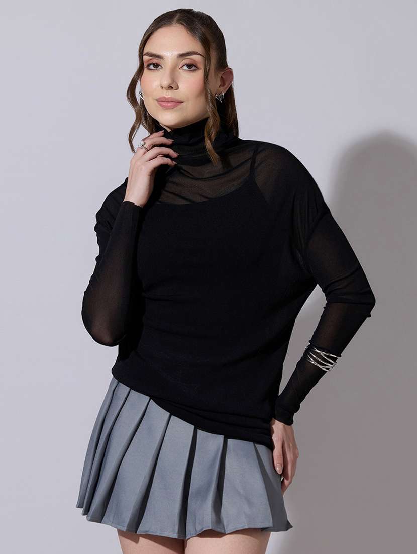 women solid high neck long sleeve top
