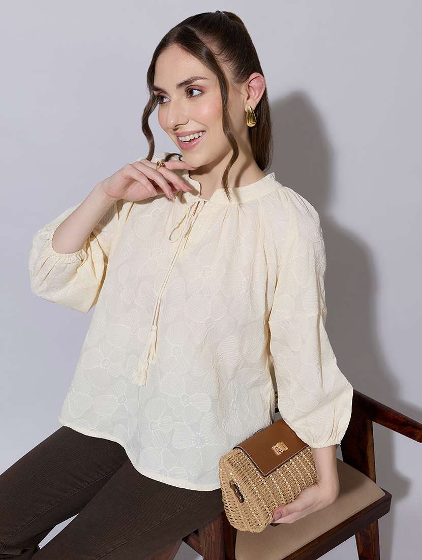 women embroidered tie up neck a-line top 