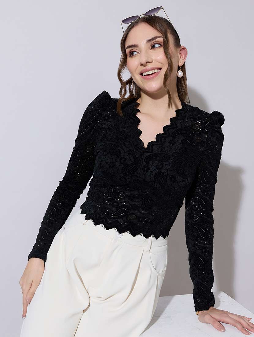 women solid puff sleeve lace crop top