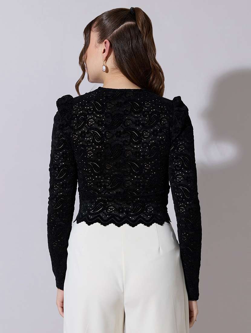 women solid puff sleeve lace crop top - 22321919 -  Standard Image - 3