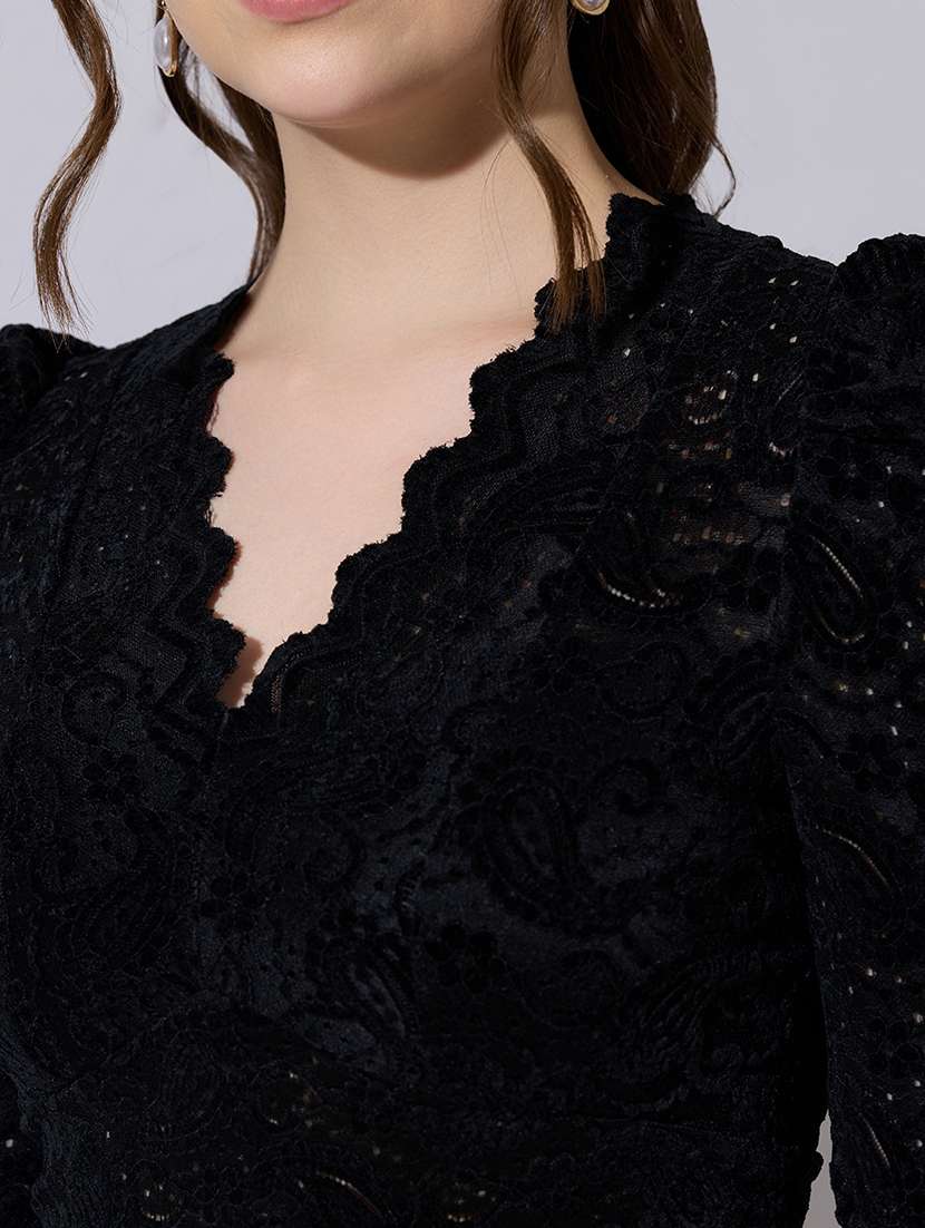 women solid puff sleeve lace crop top - 22321919 -  Standard Image - 5