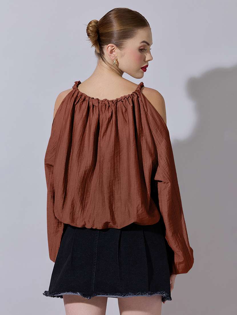 women solid cold shoulder blouson top - 22321920 -  Standard Image - 3