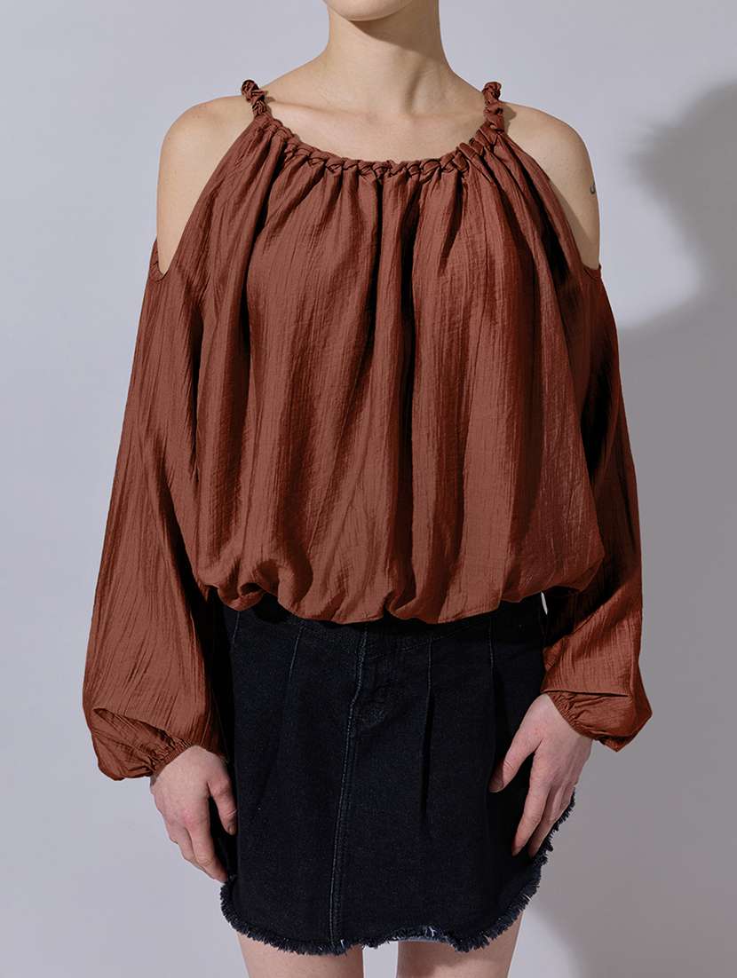 women solid cold shoulder blouson top - 22321920 -  Standard Image - 5