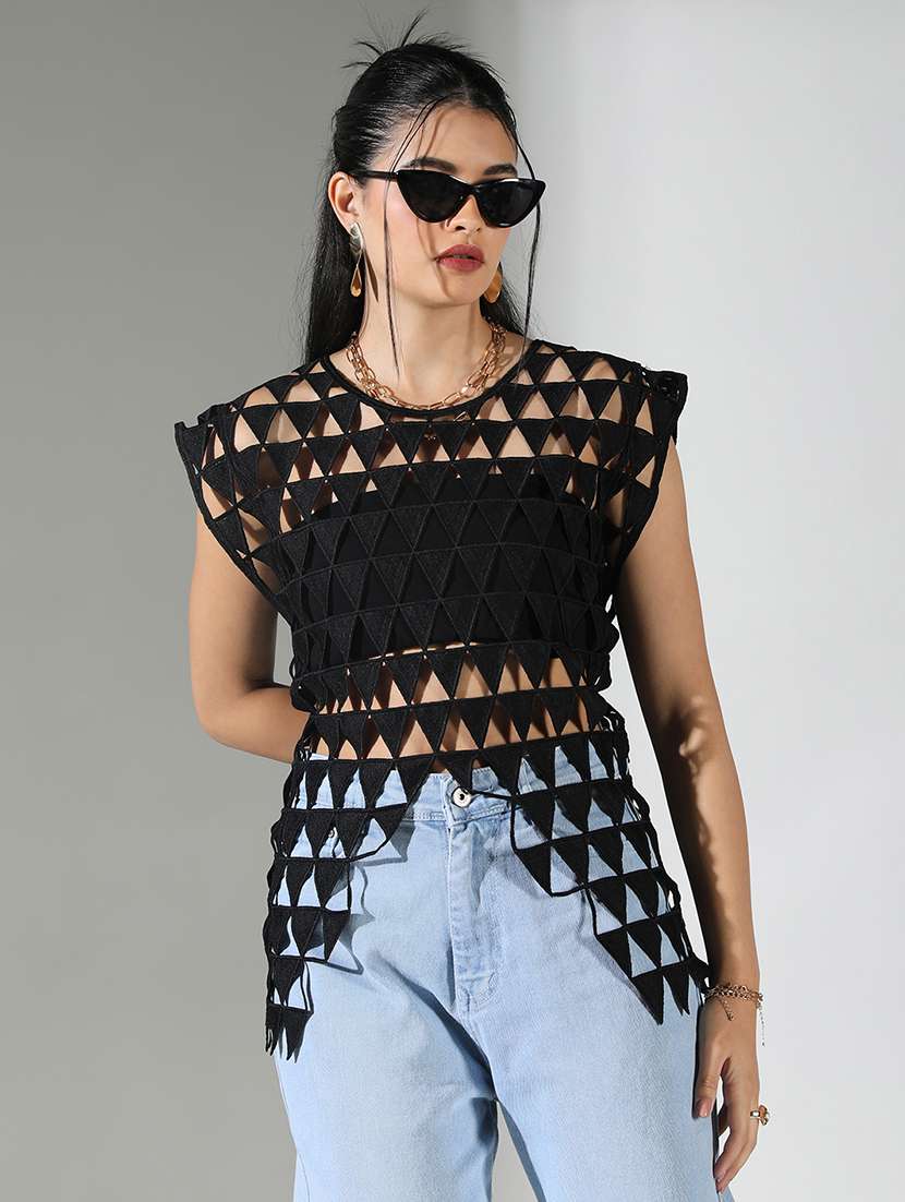 women self designed sleeveless asymmetric top