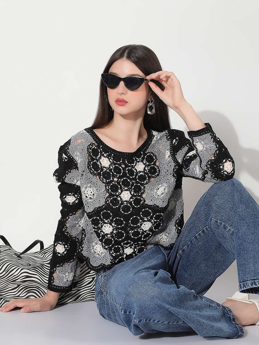 women self designed long sleeve crochet top