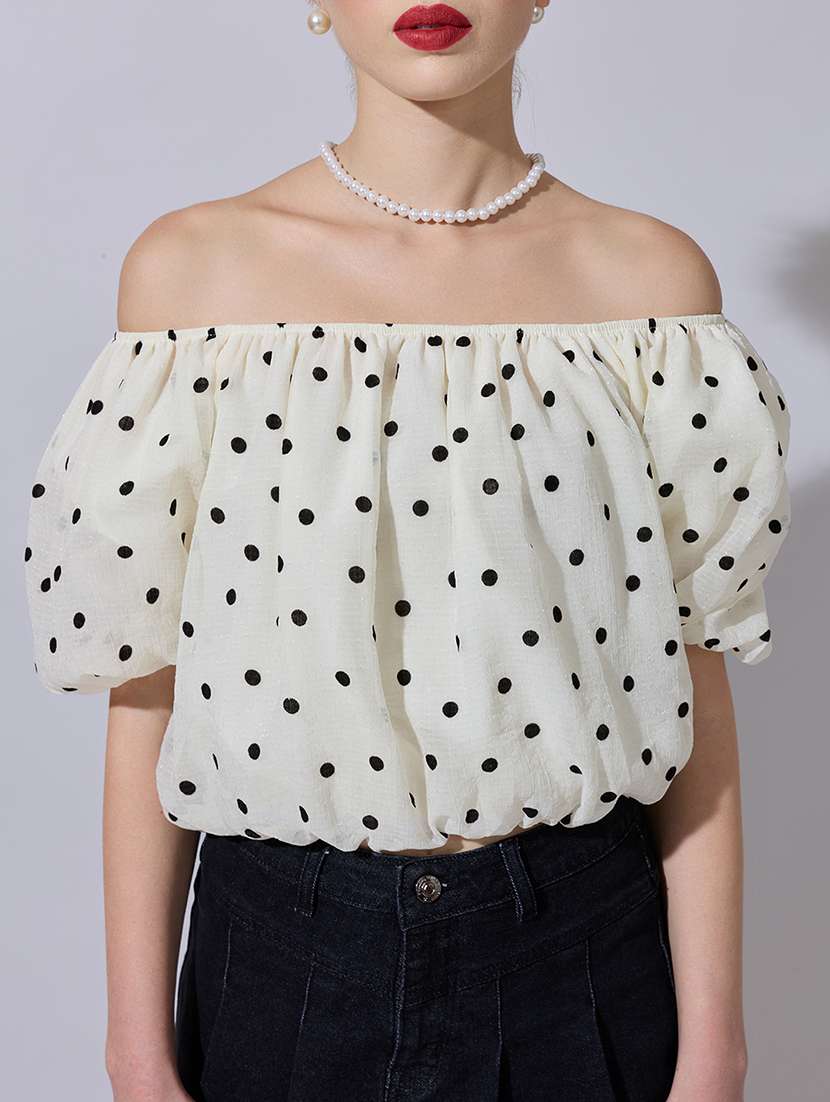 women polka doted off shoulder crop top - 22321948 -  Standard Image - 5