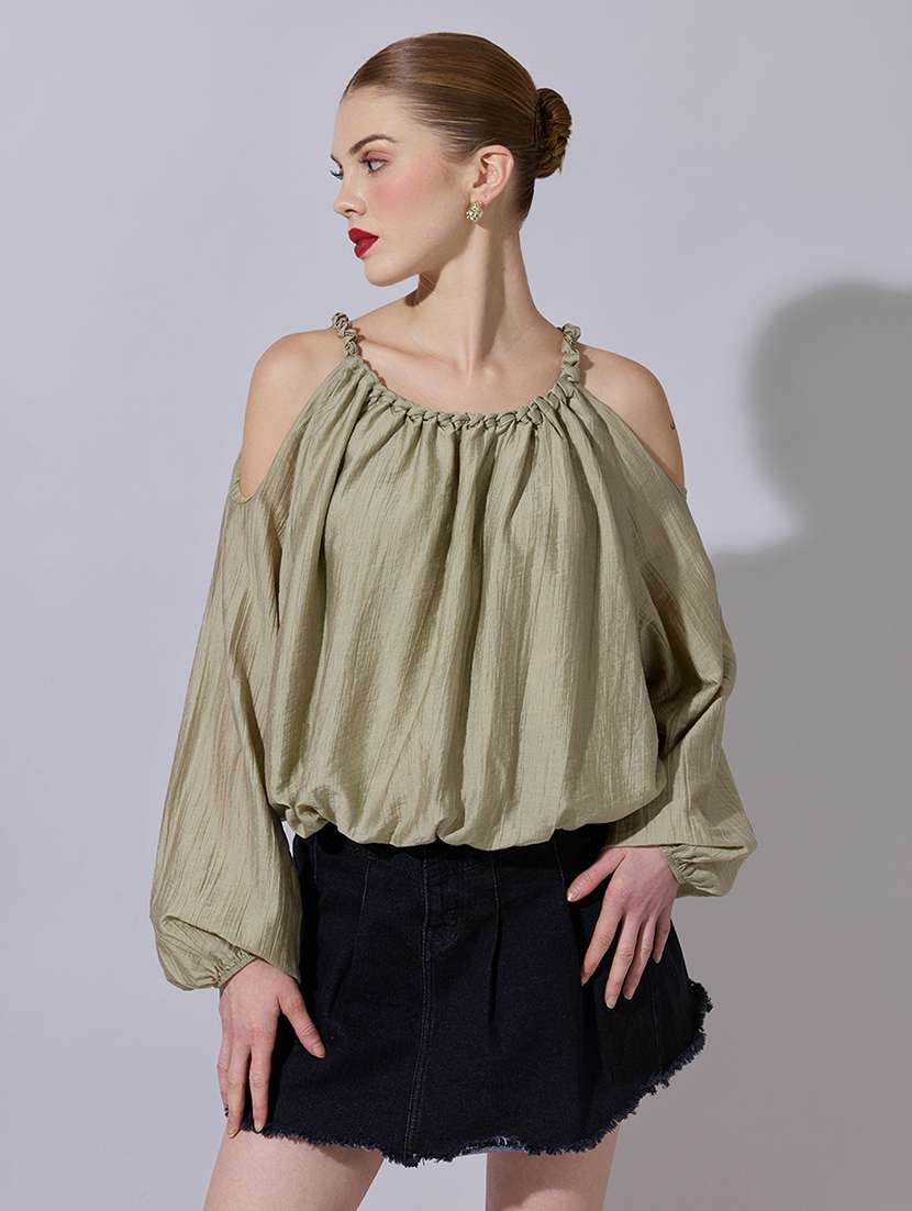 women solid cold shouler blouson top