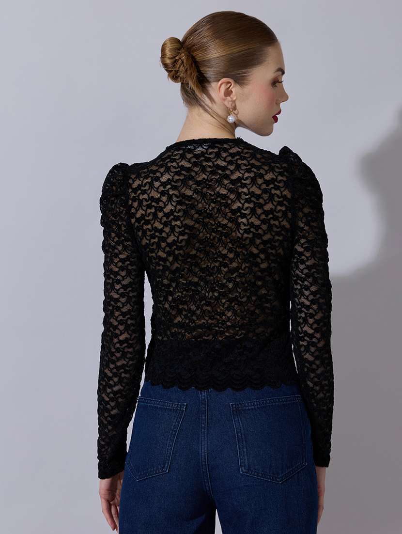 women self designed puff sleeve lace crop top - 22321953 -  Standard Image - 3