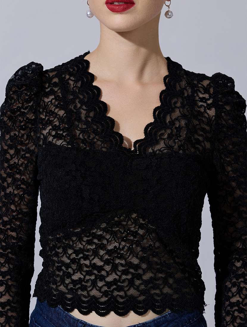 women self designed puff sleeve lace crop top - 22321953 -  Standard Image - 5