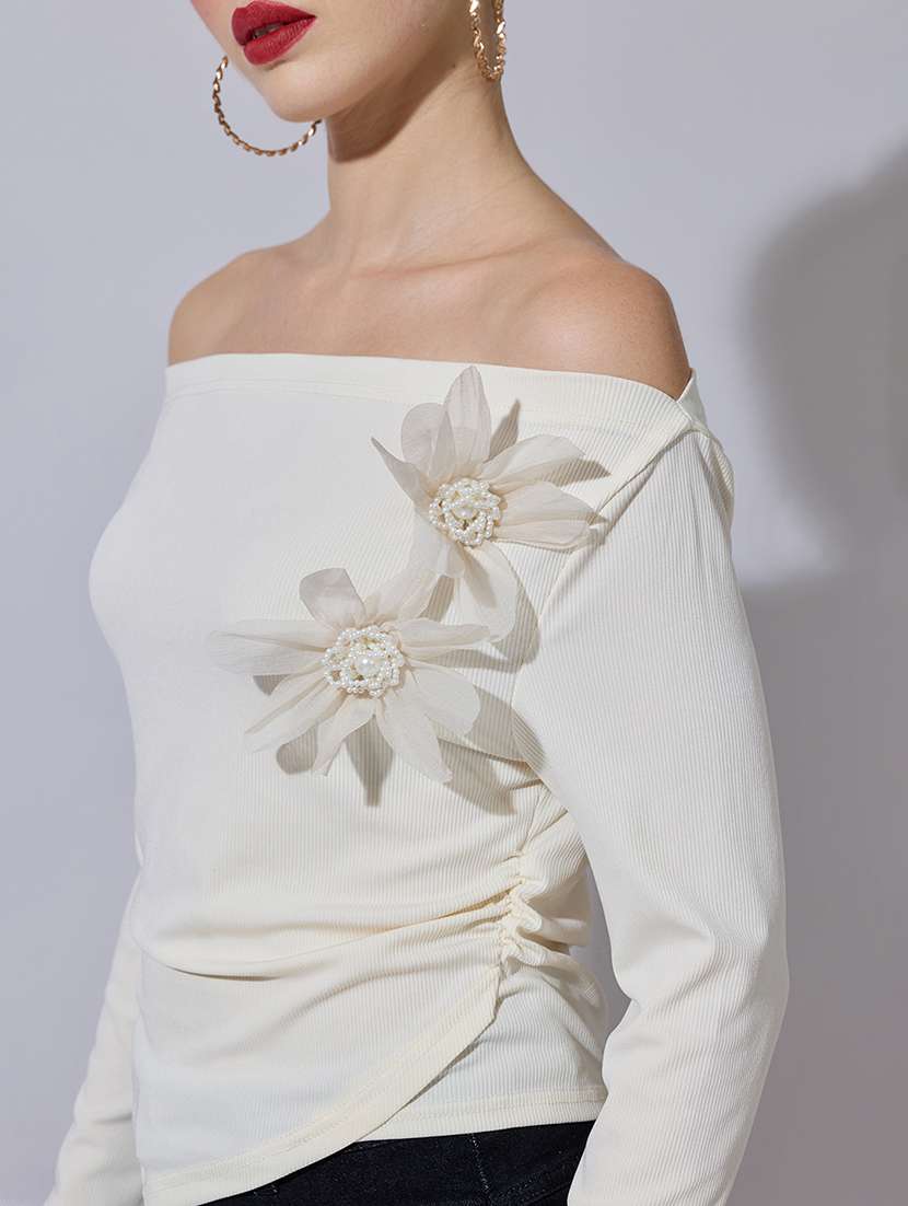 women solid off shoulder long sleeve top - 22321954 -  Standard Image - 5