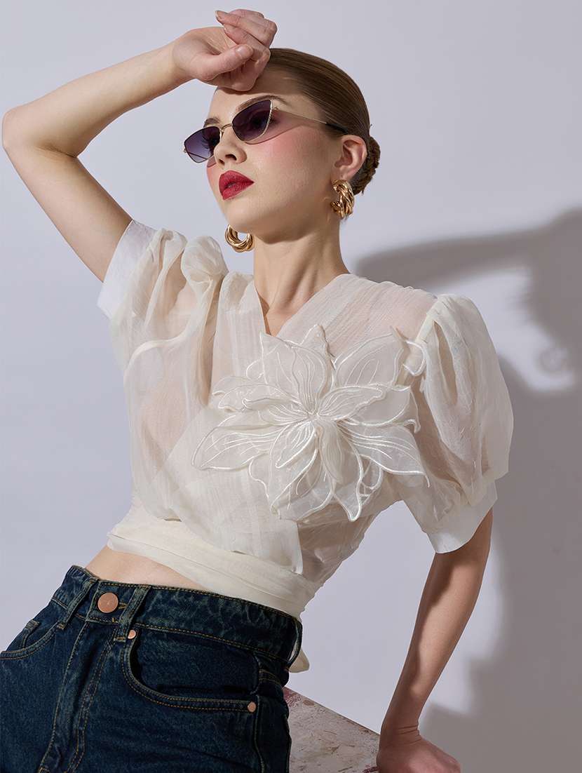 women solid puff sleeve sheer wrap top