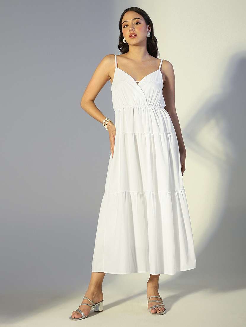 women solid shoulder strap tiered dress