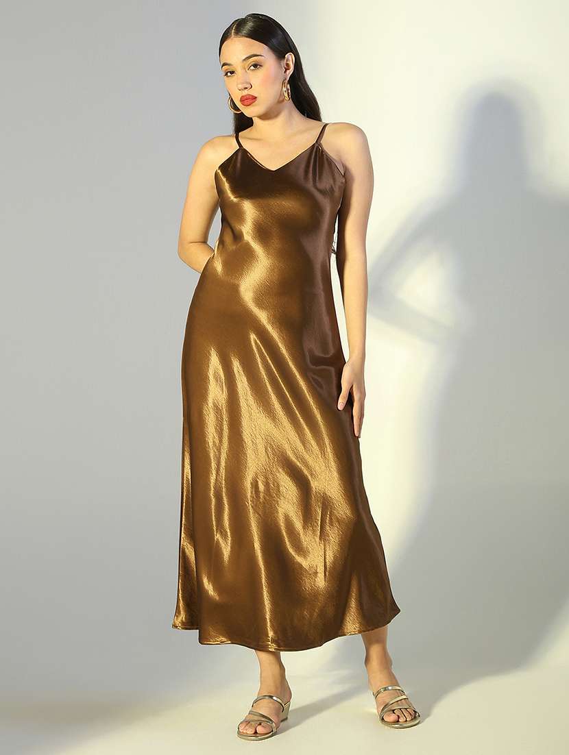 women solid shoulder strap a-line dress