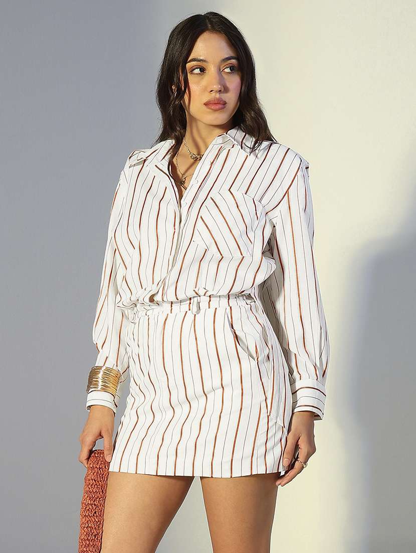 women striped collared long sleeve shirt dress
