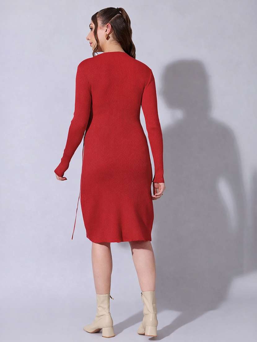 women solid long sleeve ruched bodycon dress - 22322020 -  Standard Image - 3