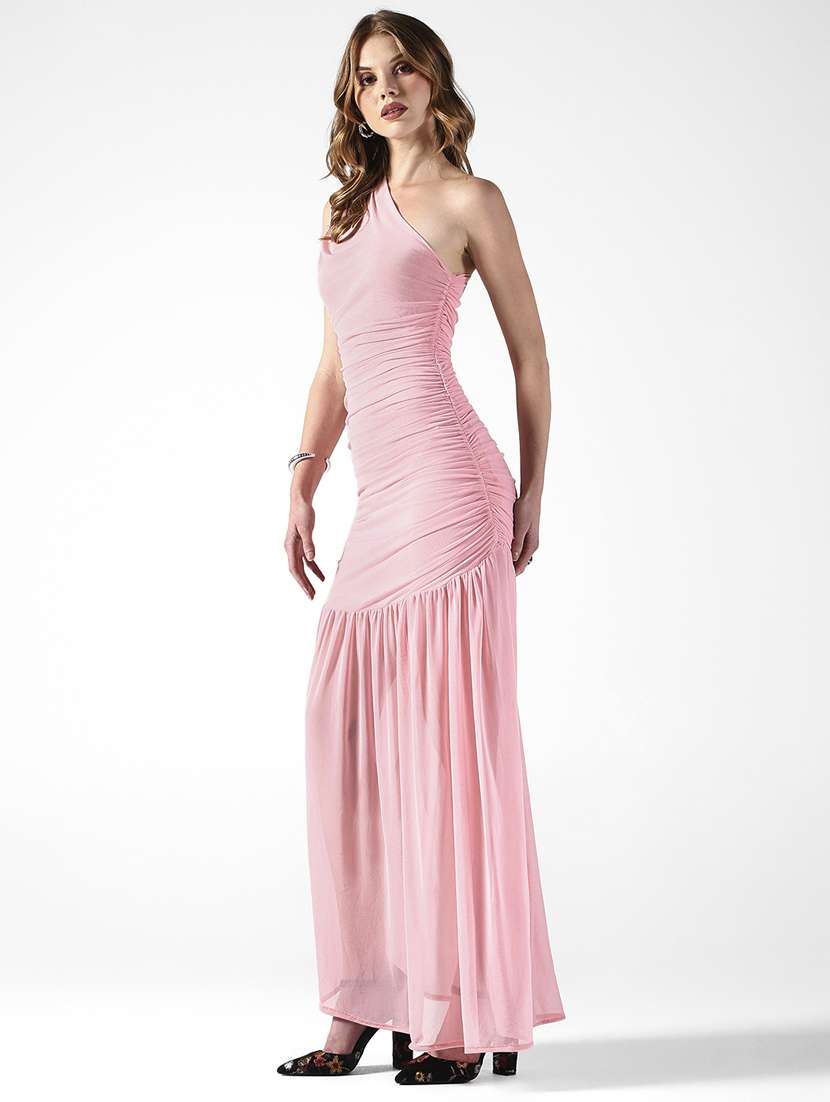 women solid single shoulder ruched dress - 22322025 -  Standard Image - 3