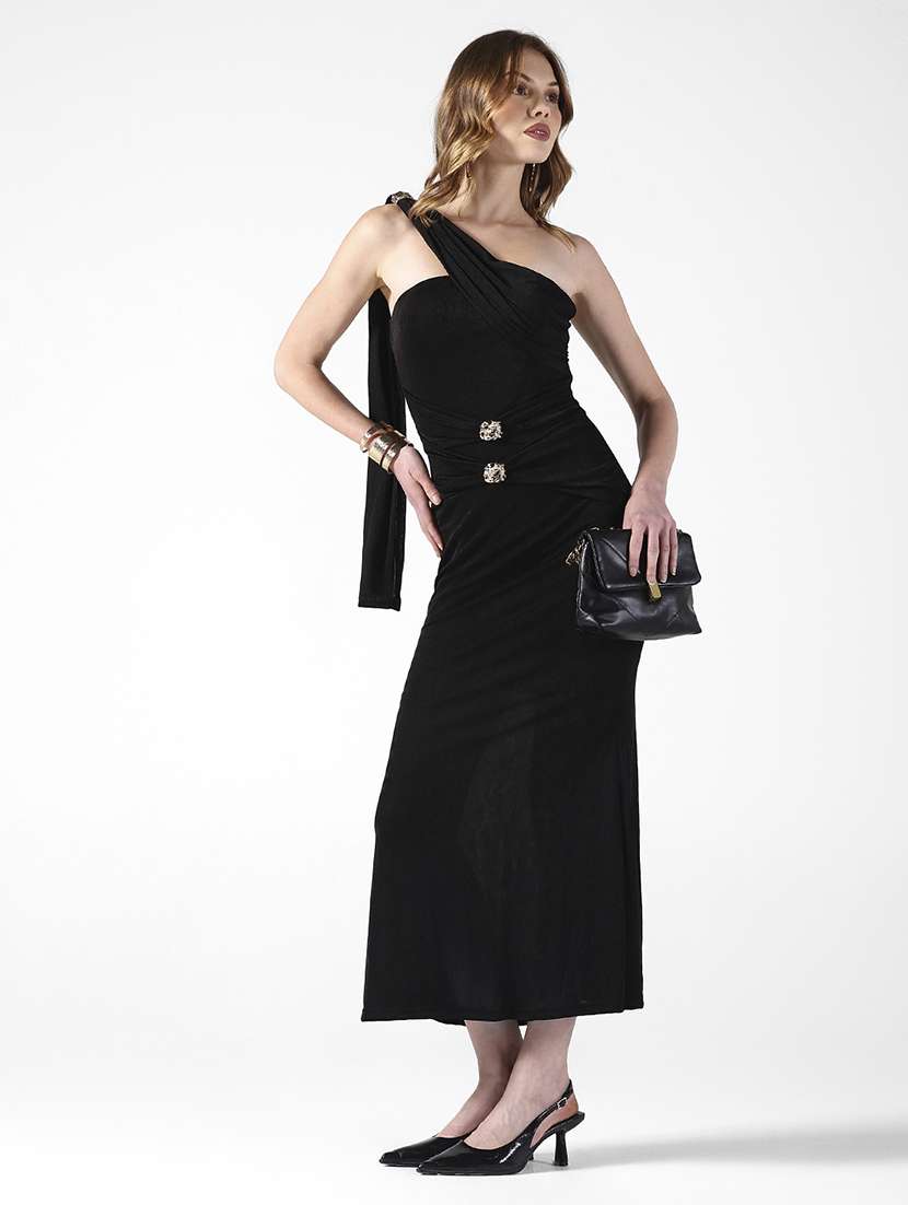 women solid single shoulder bodycon dress