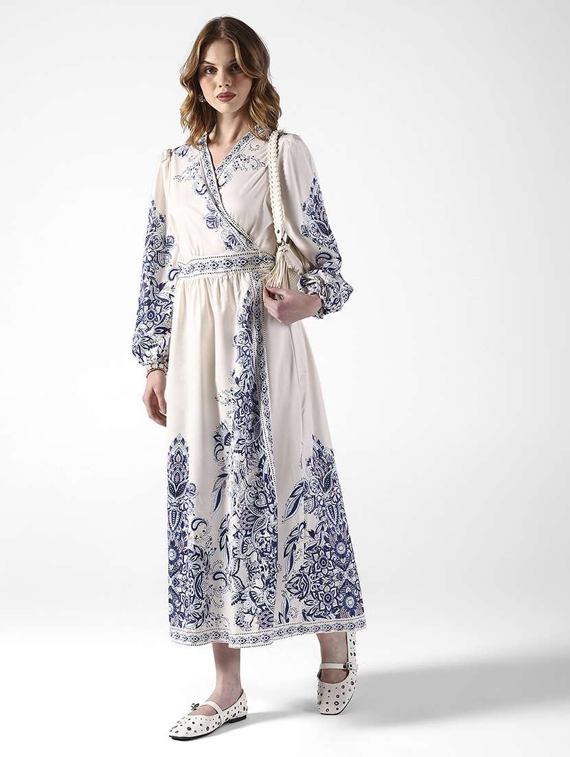 women printed puff sleeve fit & flare dress