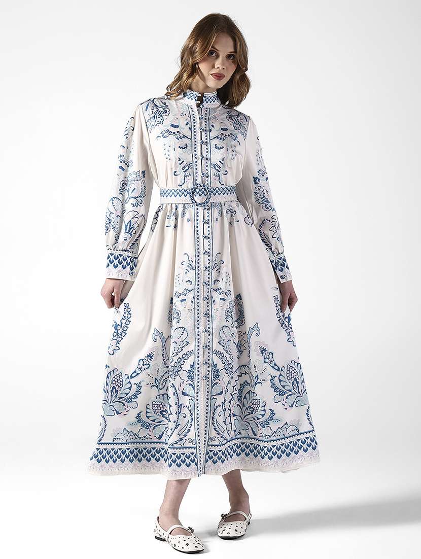 women printed puff sleeve a-line dress