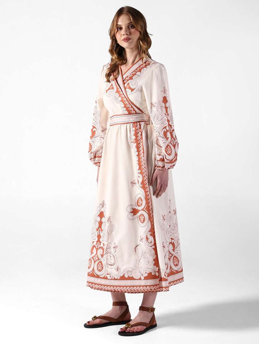 women printed puff sleeve wrap dress - 22322060 -  Standard Image - 3