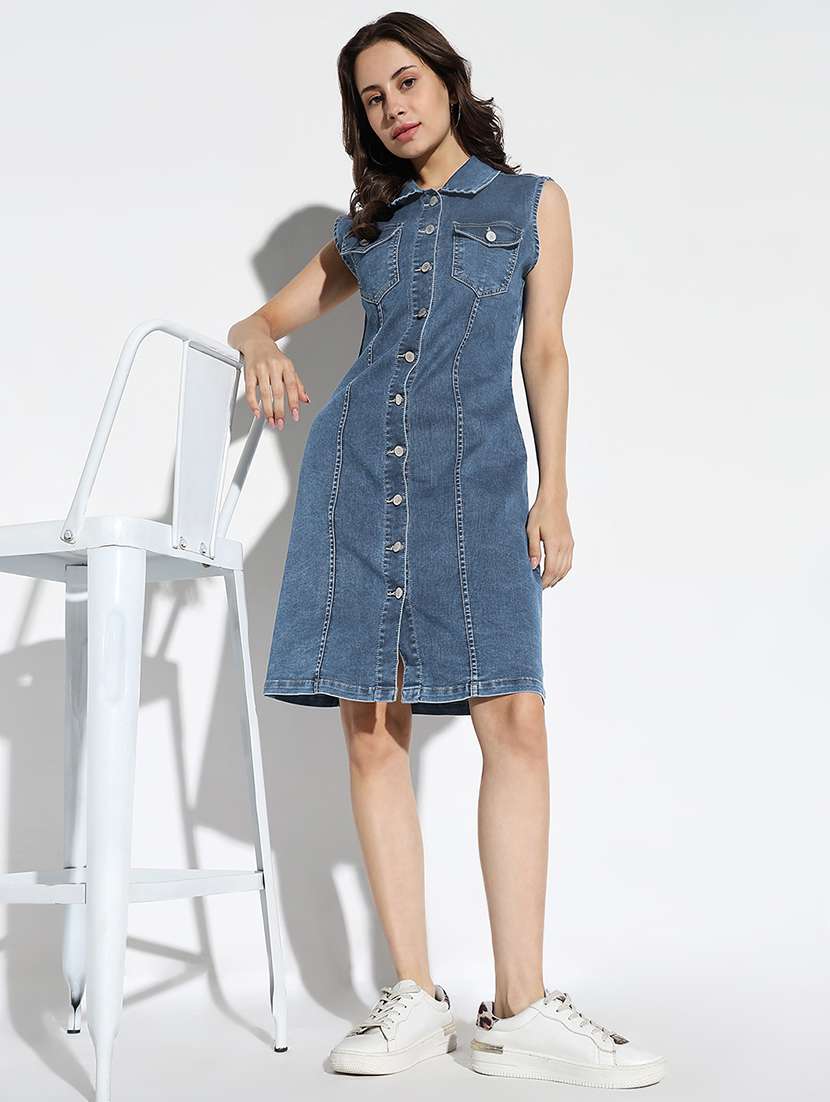 women soldi collared sleeveless denim dress