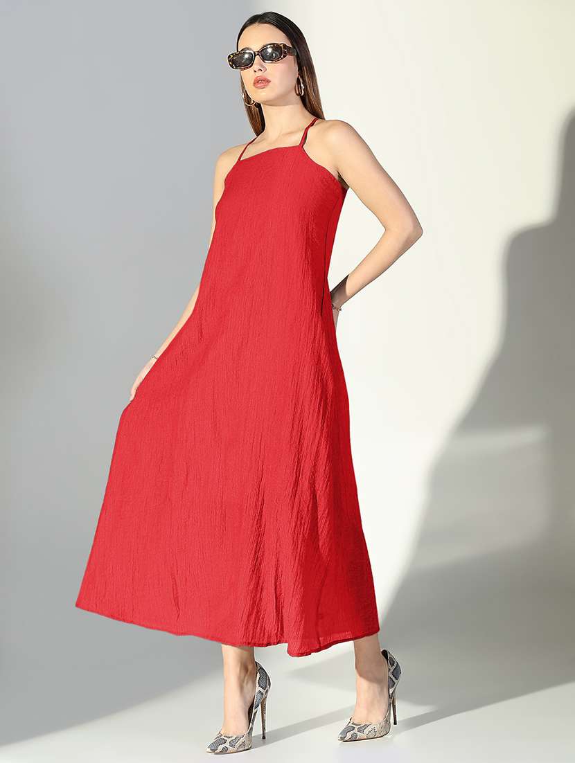women solid shoulder strap a-line dress with drape over