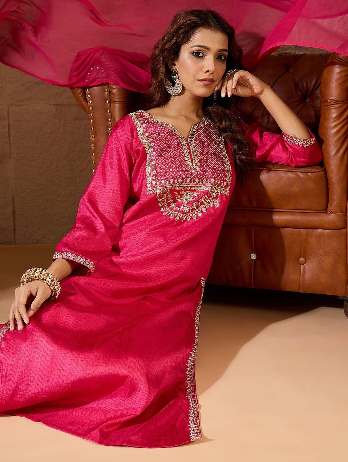 women solid with work three quarter sleeve kurta pant with dupatta set - 22322112 -  Standard Image - 5