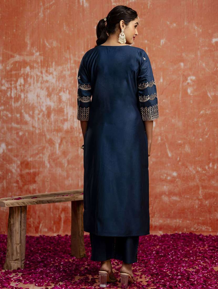 women solid with work three quarter sleeve kurta pant with dupatta set - 22322126 -  Standard Image - 3