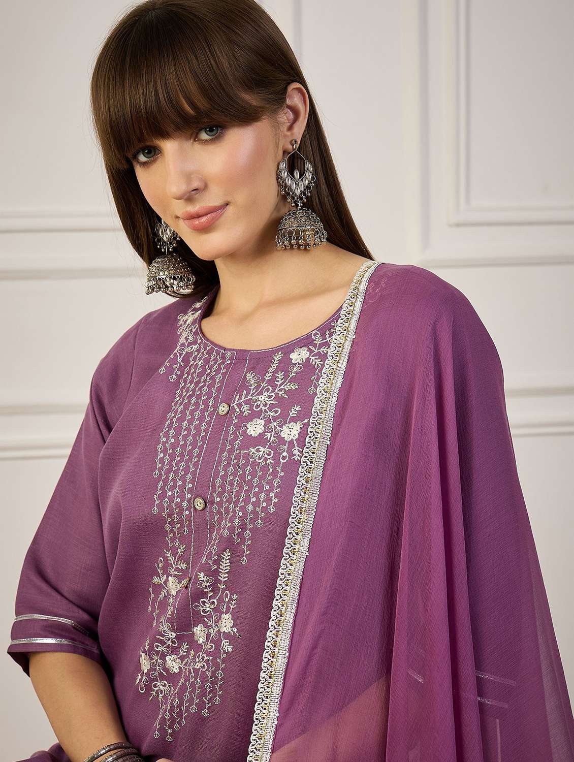 women solid with work three quarter sleeve kurta pant with dupatta set - 22322128 -  Standard Image - 3