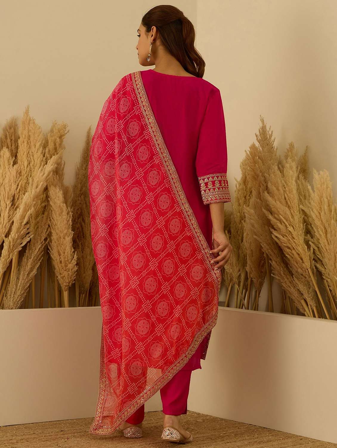 women solid with work three quarter sleeve kurta pant with dupatta set - 22322129 -  Standard Image - 3