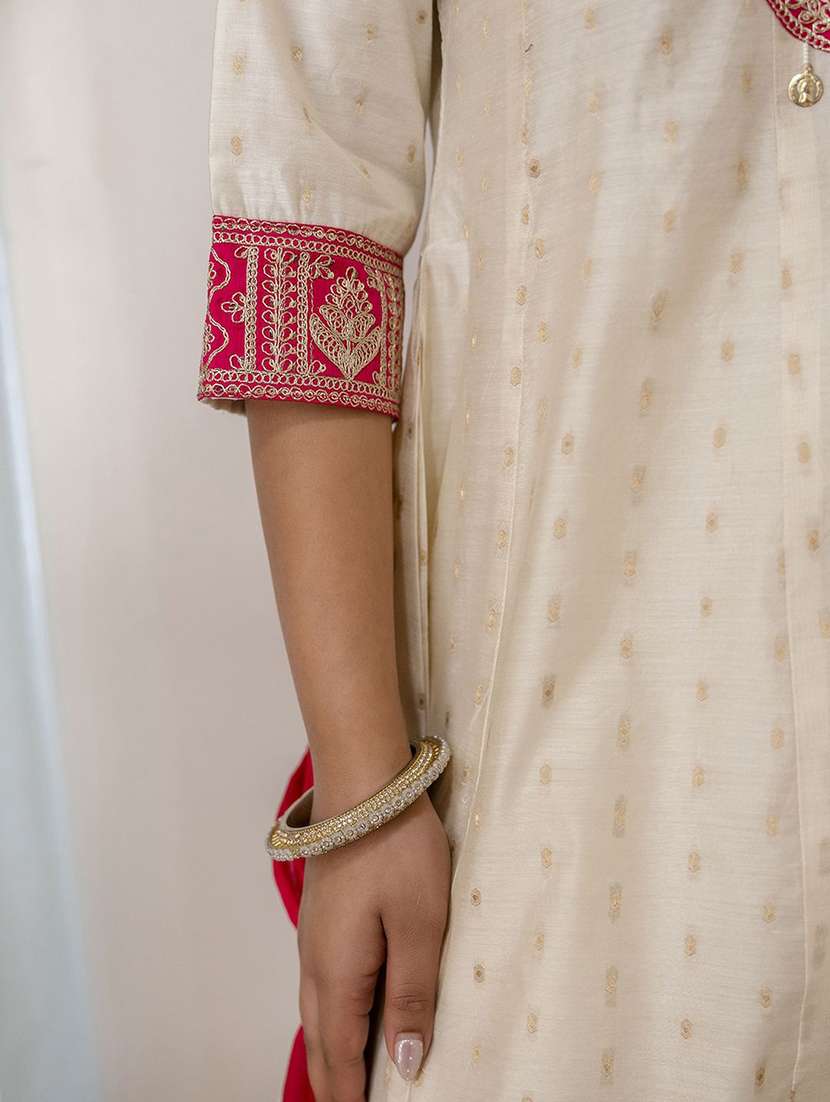 women solid with work three quarter sleeve kurta pant with dupatta set - 22322131 -  Standard Image - 5