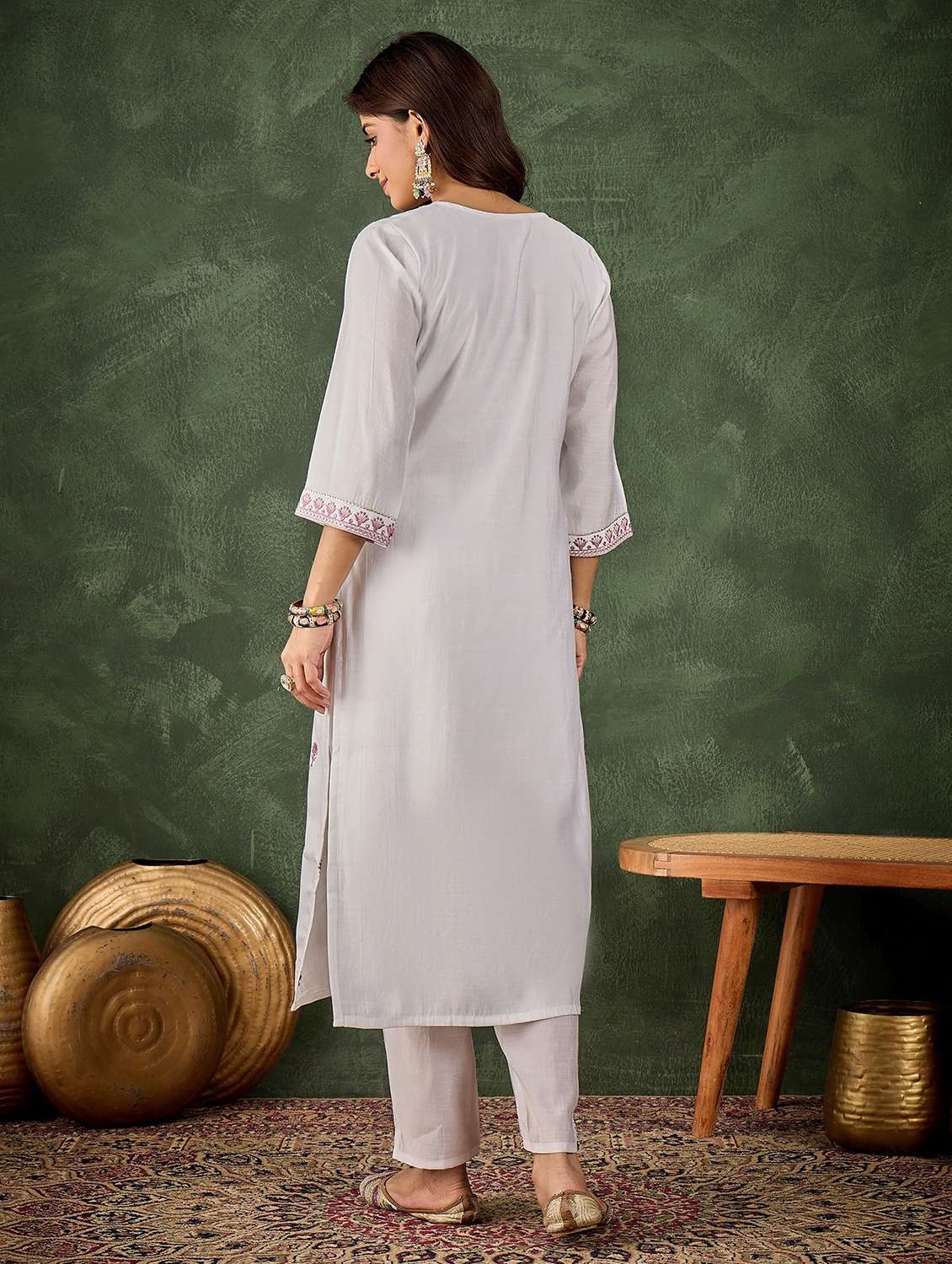 women solid with work three quarter sleeve kurta pant with dupatta set - 22322136 -  Standard Image - 3