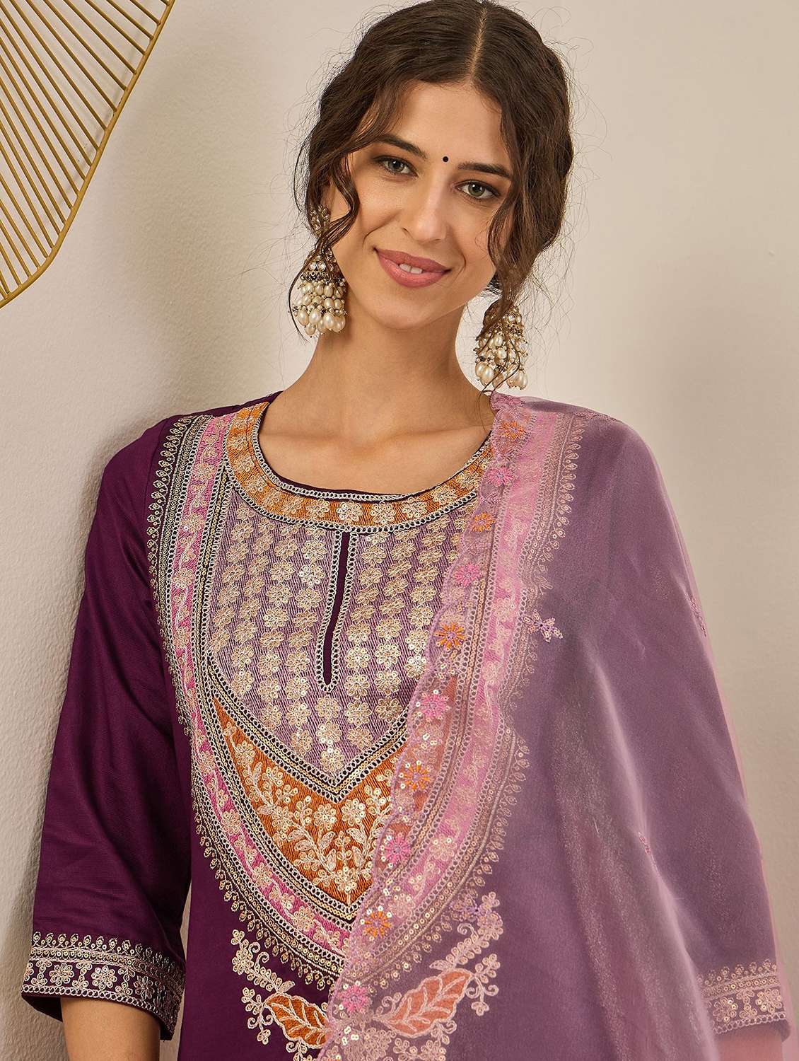 women solid with work three quarter sleeve kurta pant with dupatta set - 22322139 -  Standard Image - 3