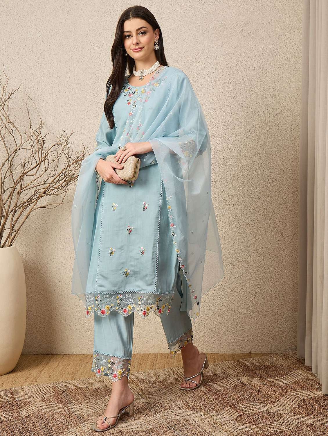 women solid with work three quarter sleeve kurta pant with dupatta set