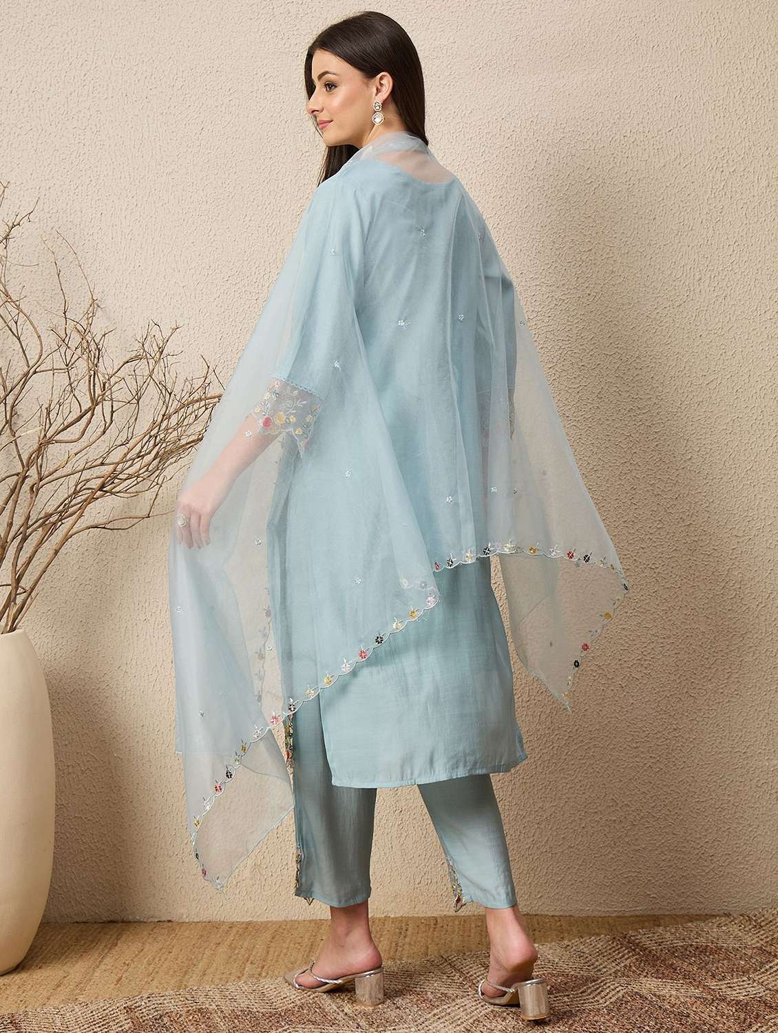 women solid with work three quarter sleeve kurta pant with dupatta set - 22322141 -  Standard Image - 3