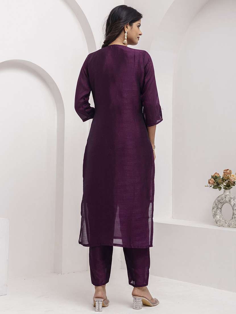 women solid with work three quarter sleeve kurta pant with dupatta set - 22322148 -  Standard Image - 3