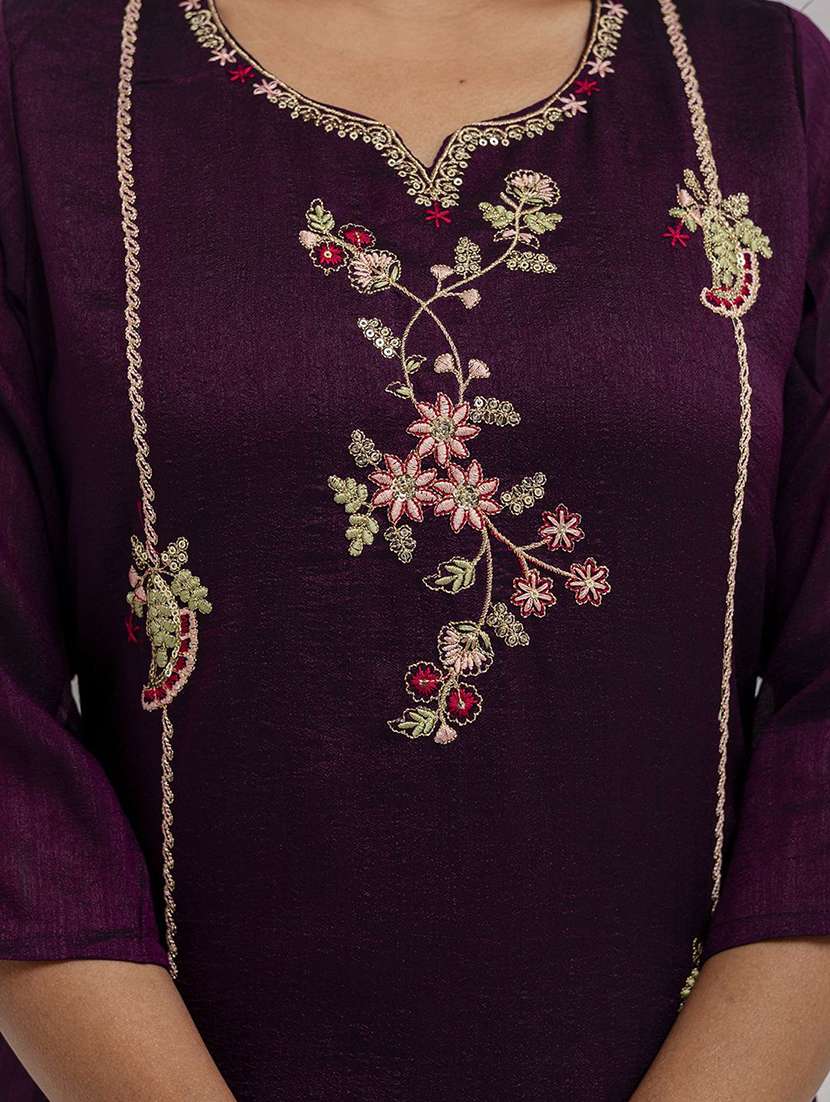 women solid with work three quarter sleeve kurta pant with dupatta set - 22322148 -  Standard Image - 5