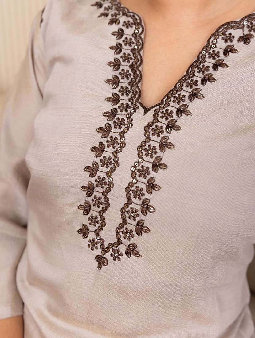 women solid with work three quarter sleeve kurta pant with dupatta set - 22322170 -  Standard Image - 5