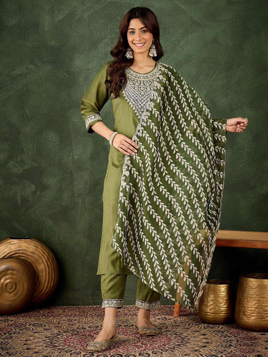 women solid with work three quarter sleeve kurta pant with dupatta set