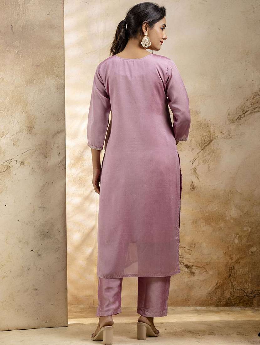 women solid with work three quarter sleeve kurta pant with dupatta set - 22322181 -  Standard Image - 3