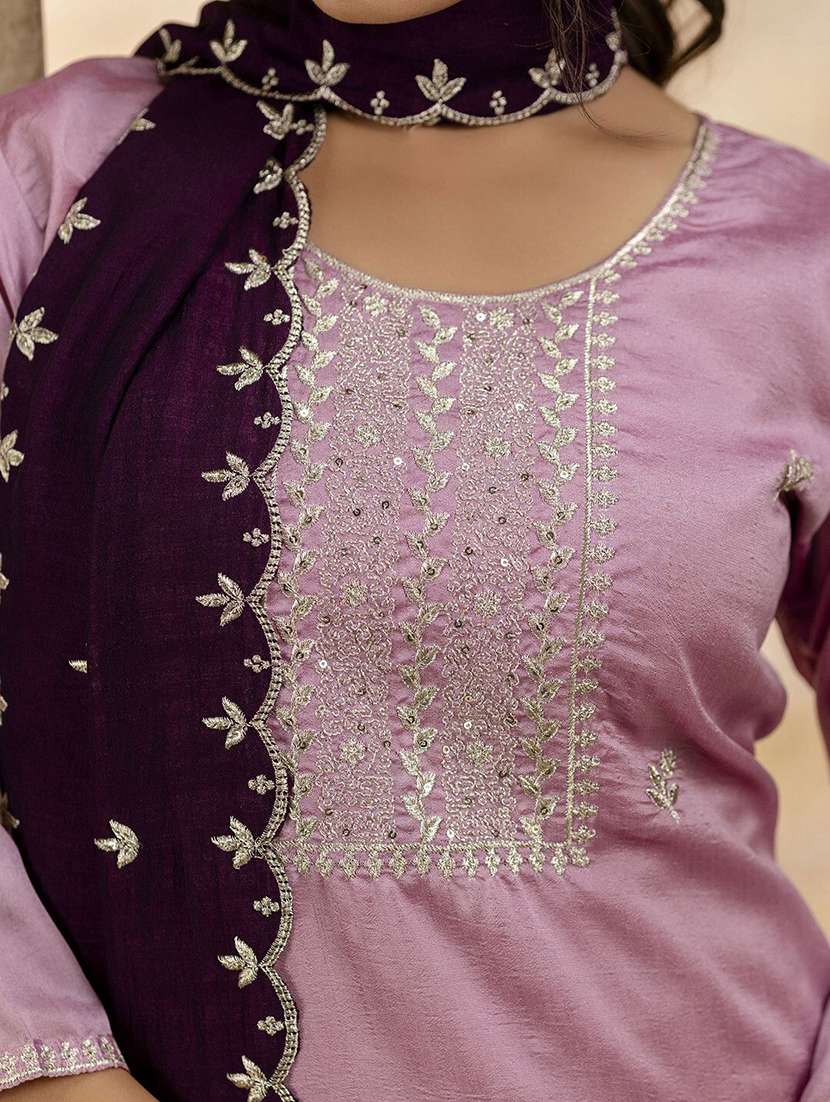 women solid with work three quarter sleeve kurta pant with dupatta set - 22322181 -  Standard Image - 5