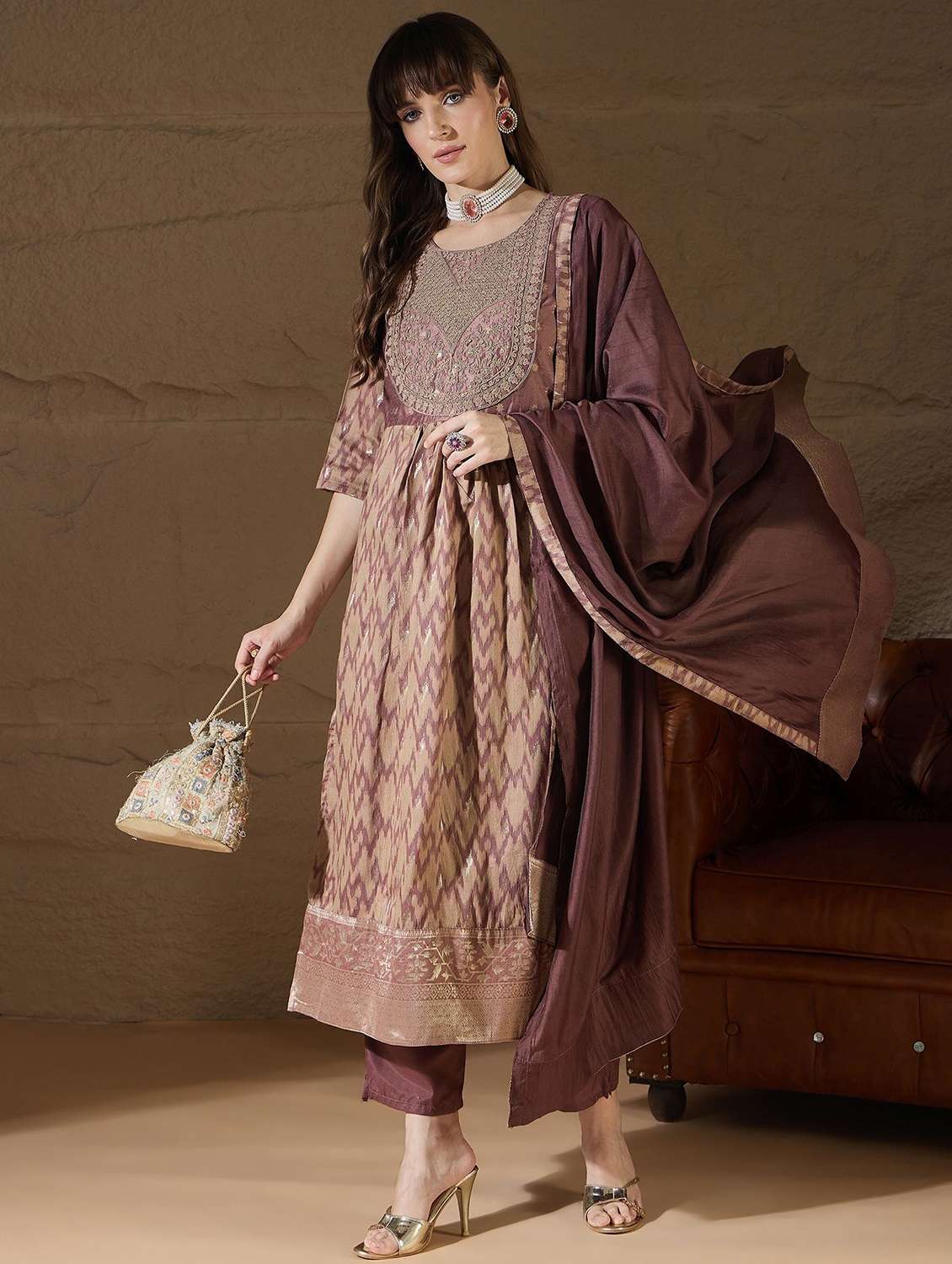 women self design three quarter sleeve kurta pant with dupatta set