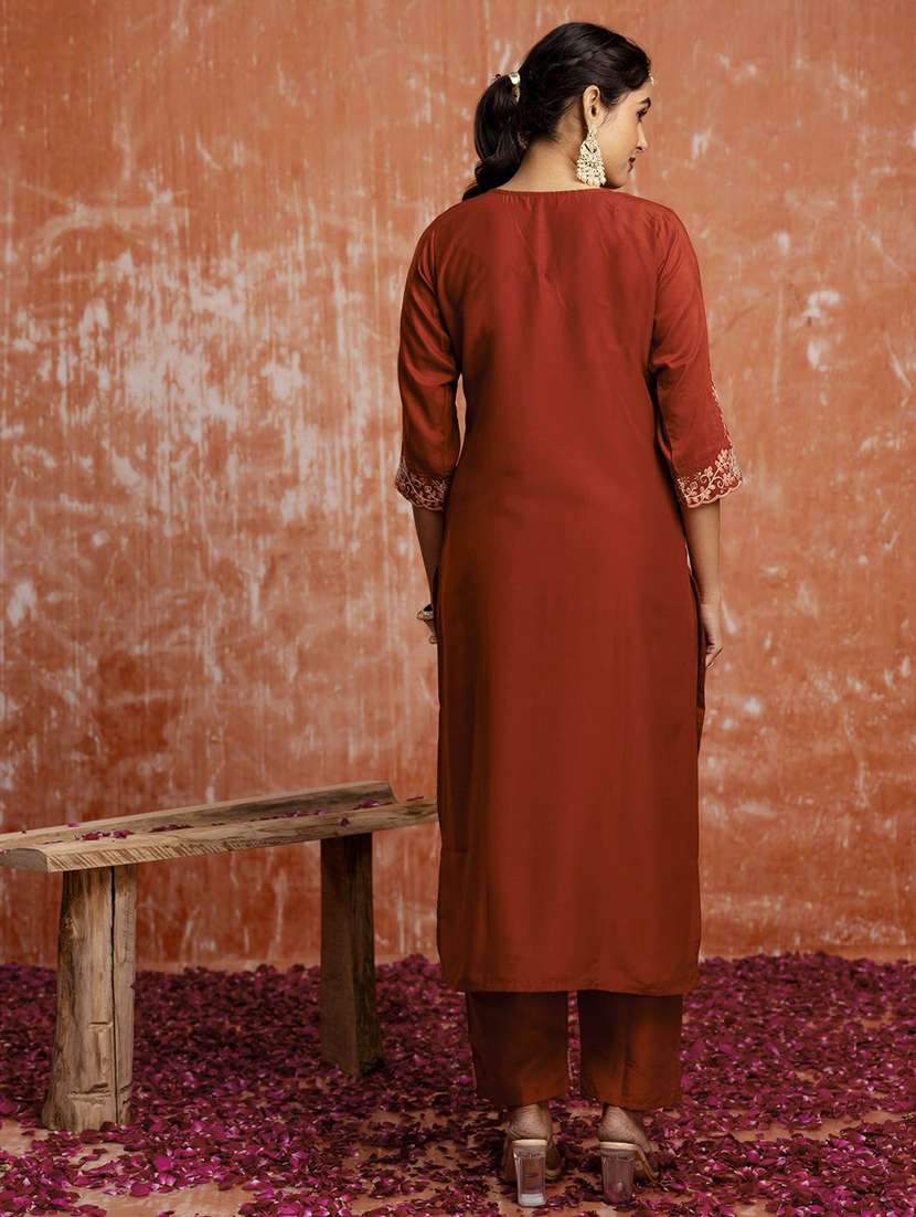 women solid with work three quarter sleeve kurta pant with dupatta set - 22322191 -  Standard Image - 3