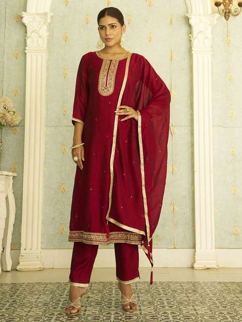 Maroon Silk Blend Kurta Pant  Set