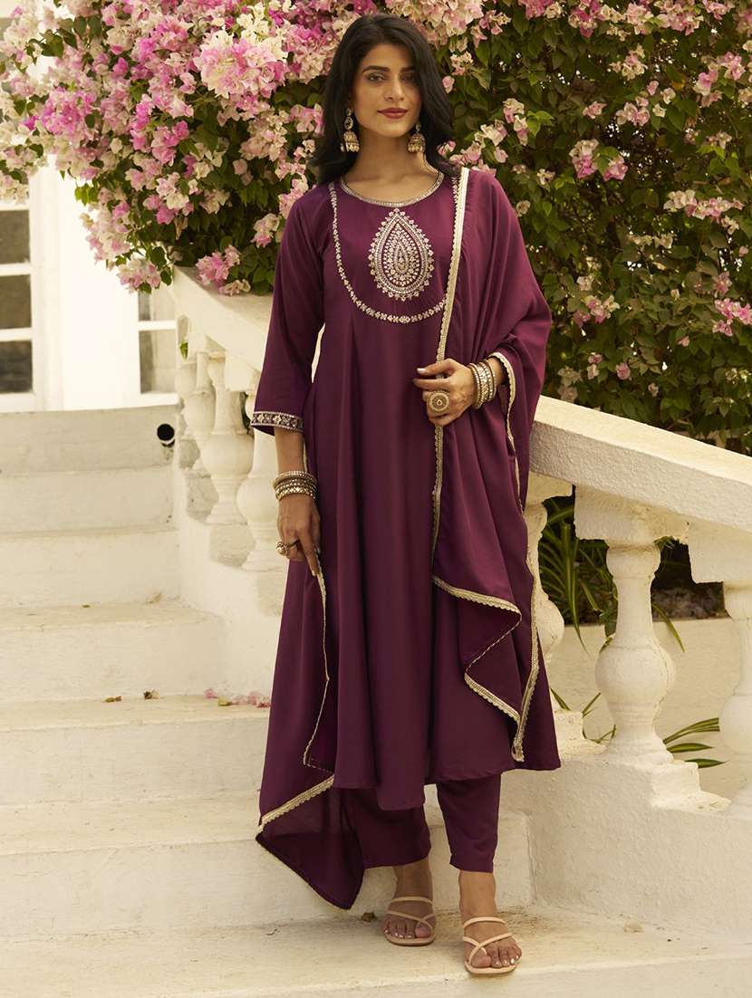 purple silk blend kurta pant  set