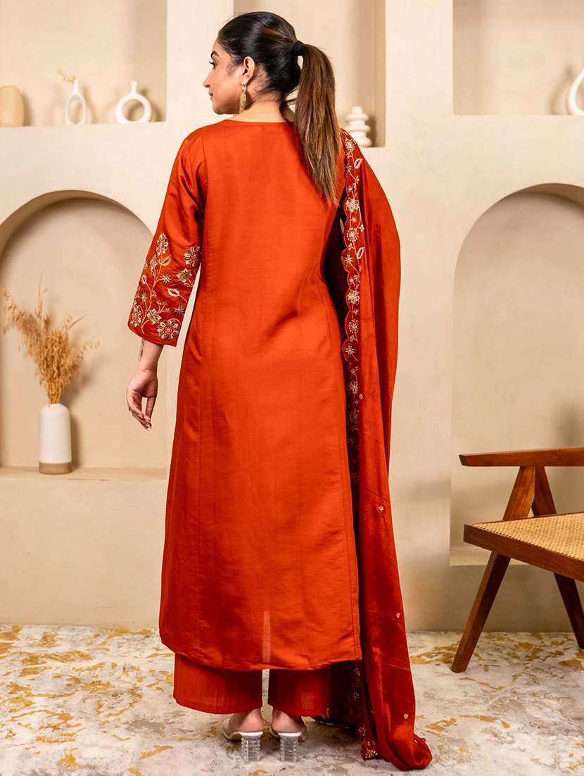 women solid with work three quarter sleeve kurta pant with dupatta set - 22322200 -  Standard Image - 3