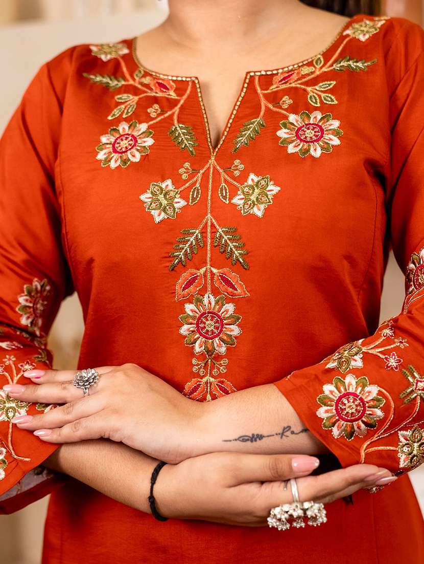 women solid with work three quarter sleeve kurta pant with dupatta set - 22322200 -  Standard Image - 5
