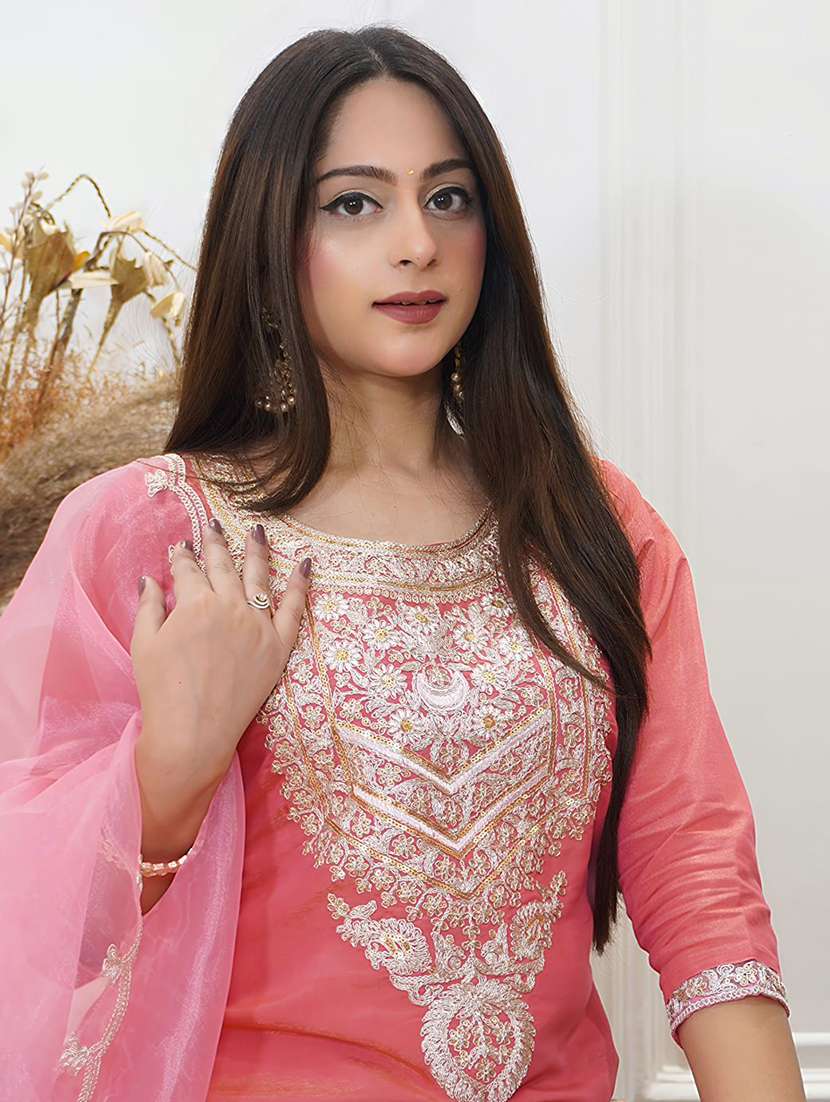 women solid with work three quarter sleeve kurta pant with dupatta set - 22322204 -  Standard Image - 3